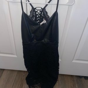 black lace and leather mini dress